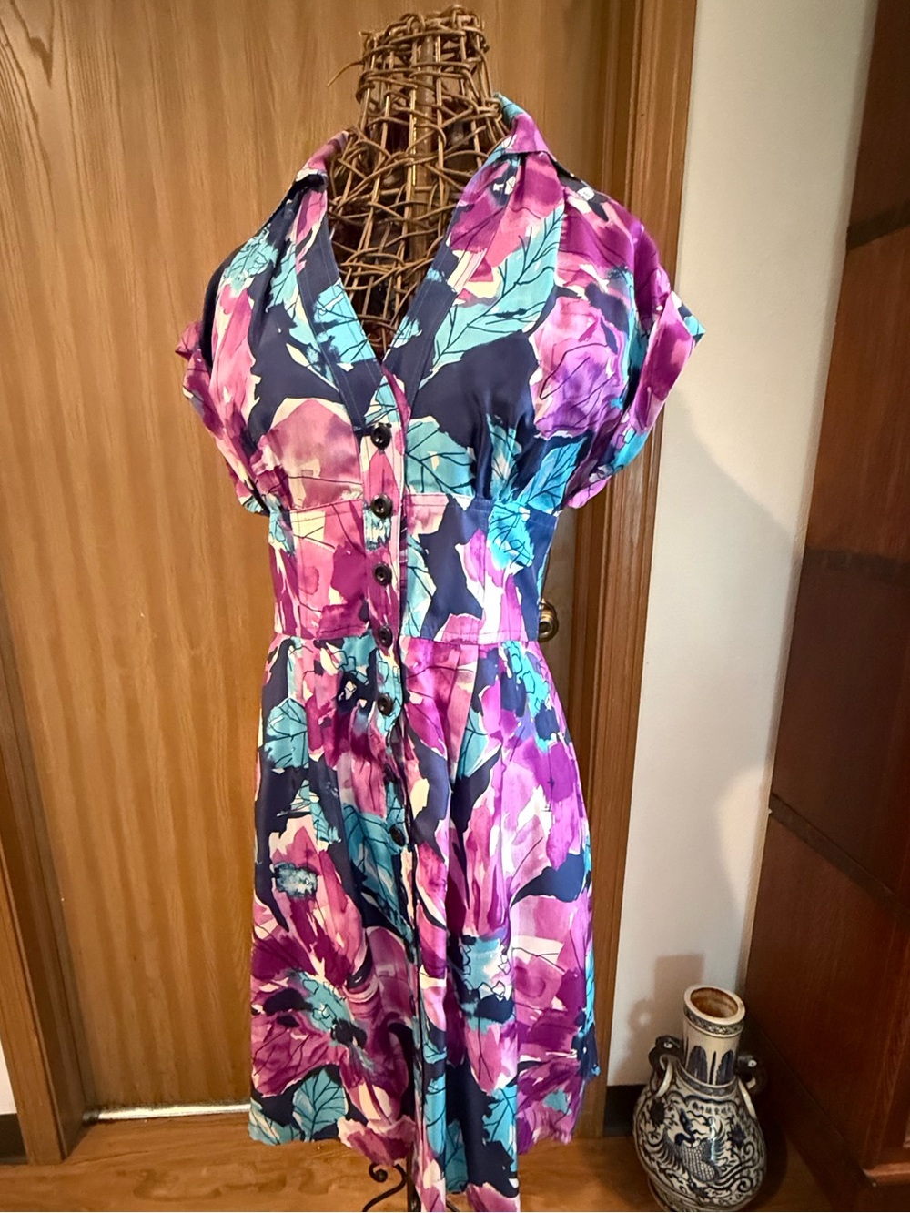 Nanette Lepore Vintage Y2K Silk Floral A-Line Shirt Dress Pink Teal Blue Size 6